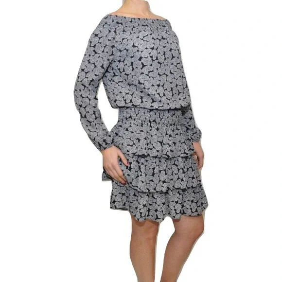 Michael Kors Ruffled Paisley Chiffon Off-The-Shoulder Tiered Dress Black  S/M$155